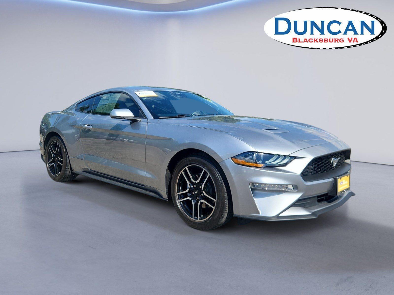 2021 Ford Mustang EcoBoost Premium in Iconic Silver — front three-quarter view