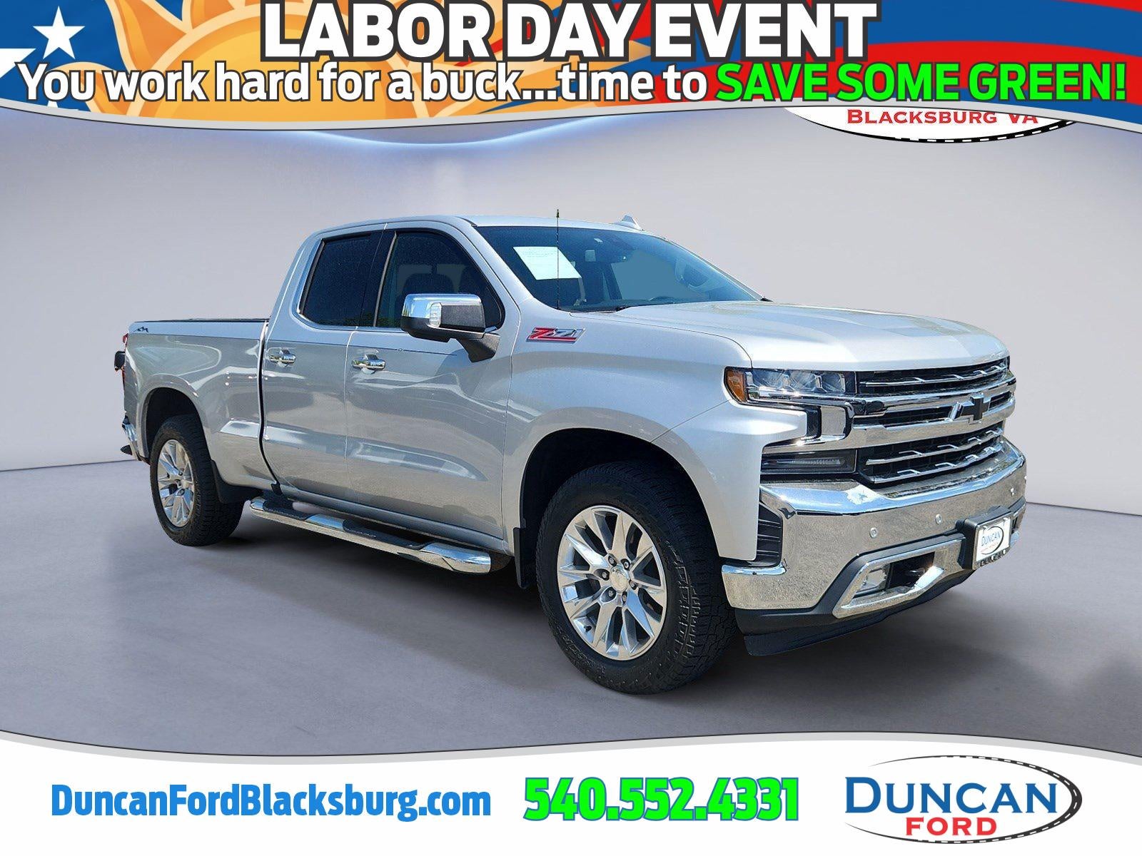 2019 Chevrolet Silverado 1500 LTZ in Silver Ice Metallic — front three-quarter view